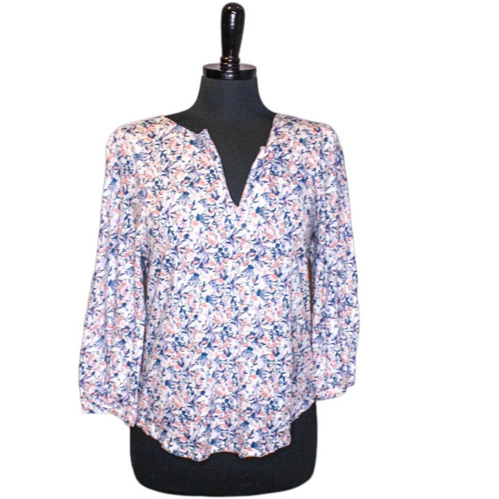 Lucky Brand Floral Blouse Top V Neck Long Sleeve T White Pink Blue M